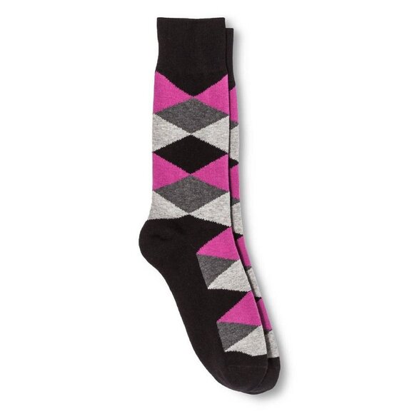 Merona Size 6-12 Crew Socks Mens Dress Argyle Pink Gray Black Cotton Blend NEW - Picture 1 of 2